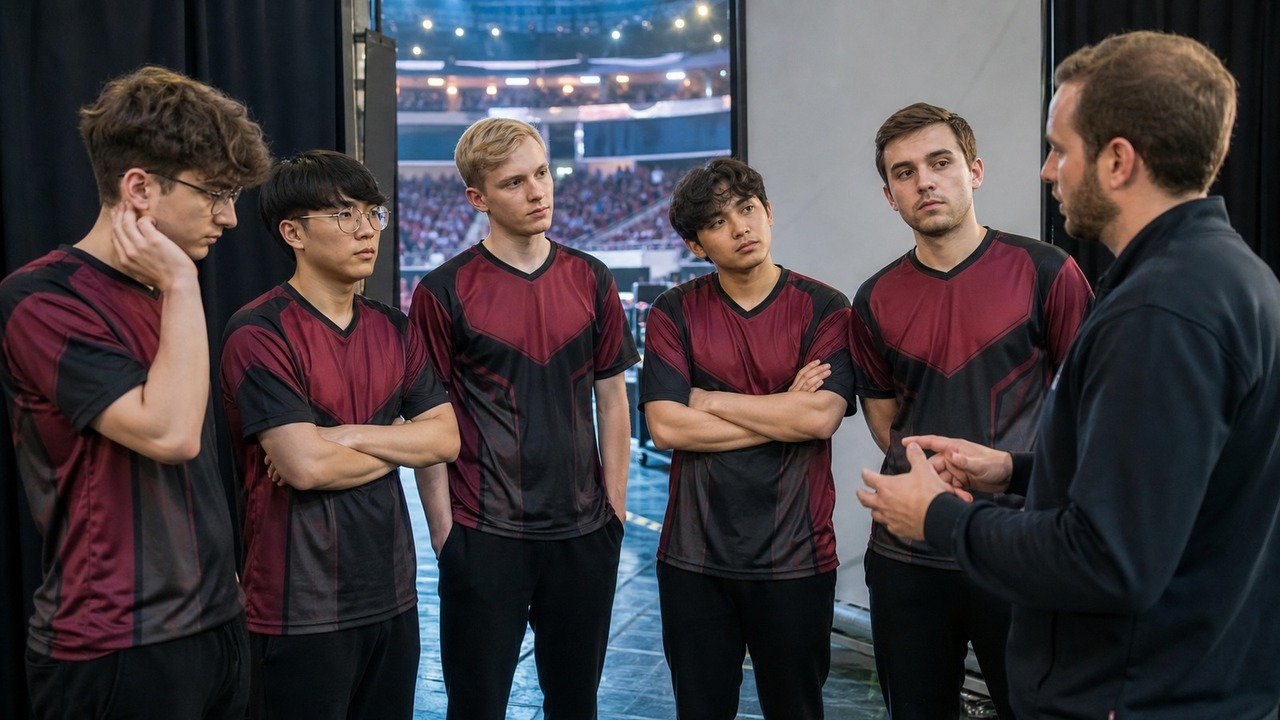 Five esports players gather in a backstage team room