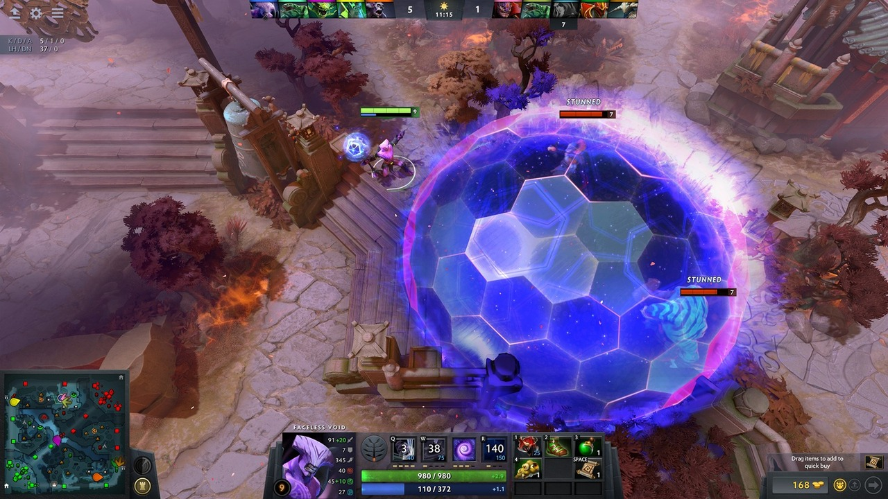 Two Dota 2 teams fight near a lane objective